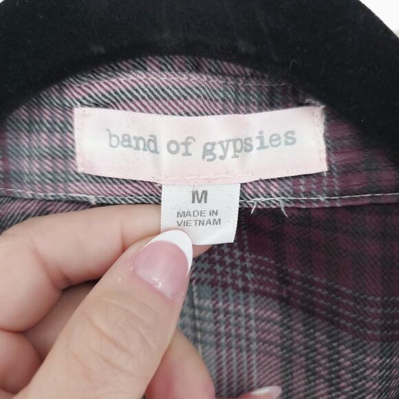 Band of Gypsies Boho Sheer Purple Plaid Tunic Blouse Roll Tab Sleeve Pocket M - Picture 5 of 10